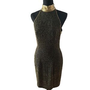 Oleg Cassini Gold and Black Backless Dress size 6 silk beaded